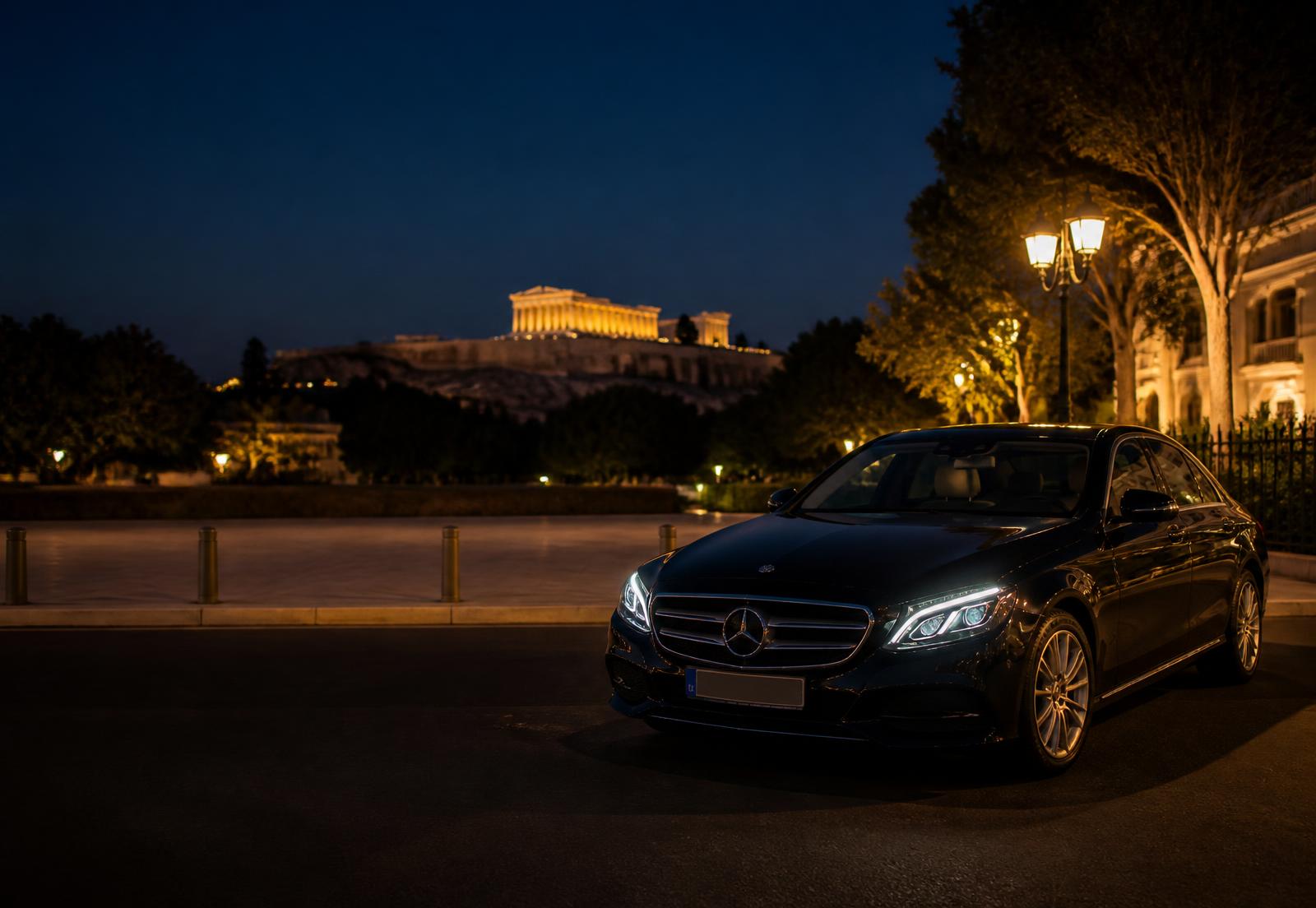 Black premium Mercedes-Benz sedan on an Athens street at night with the Acropolis lit behind
